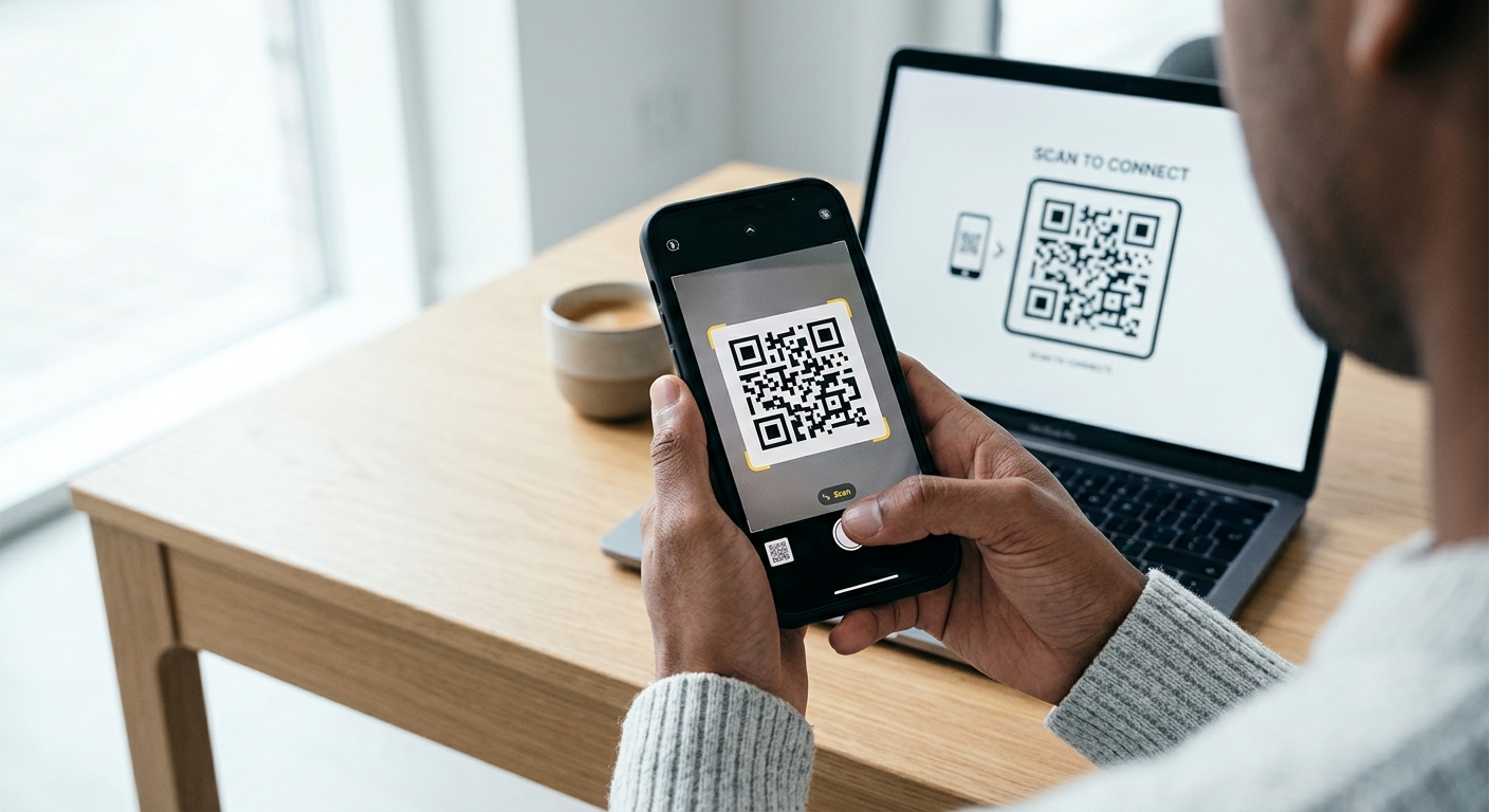 אדם סורק קוד QR ממסך מחשב נייד באמצעות סמארטפון