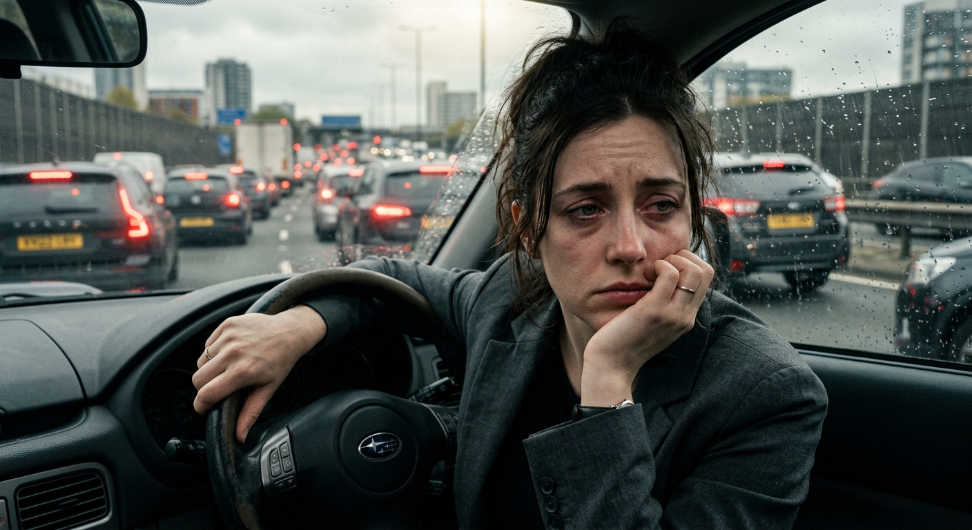 אישה עייפה ומתוסכלת יושבת בתוך רכב מאחורי ההגה, תקועה בפקק תנועה כבד ביום גשום.